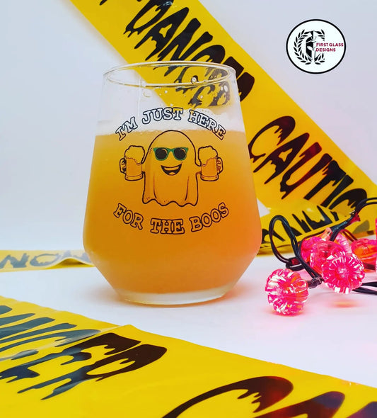 "Halloween Ghostly Beer Specter Glass: 'I'm Just Here for the Boos'"