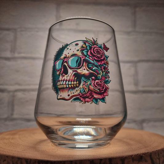 Sip in Style: Custom Beer Glass with Vibrant Skull and Roses Design FirstGlassDesigns