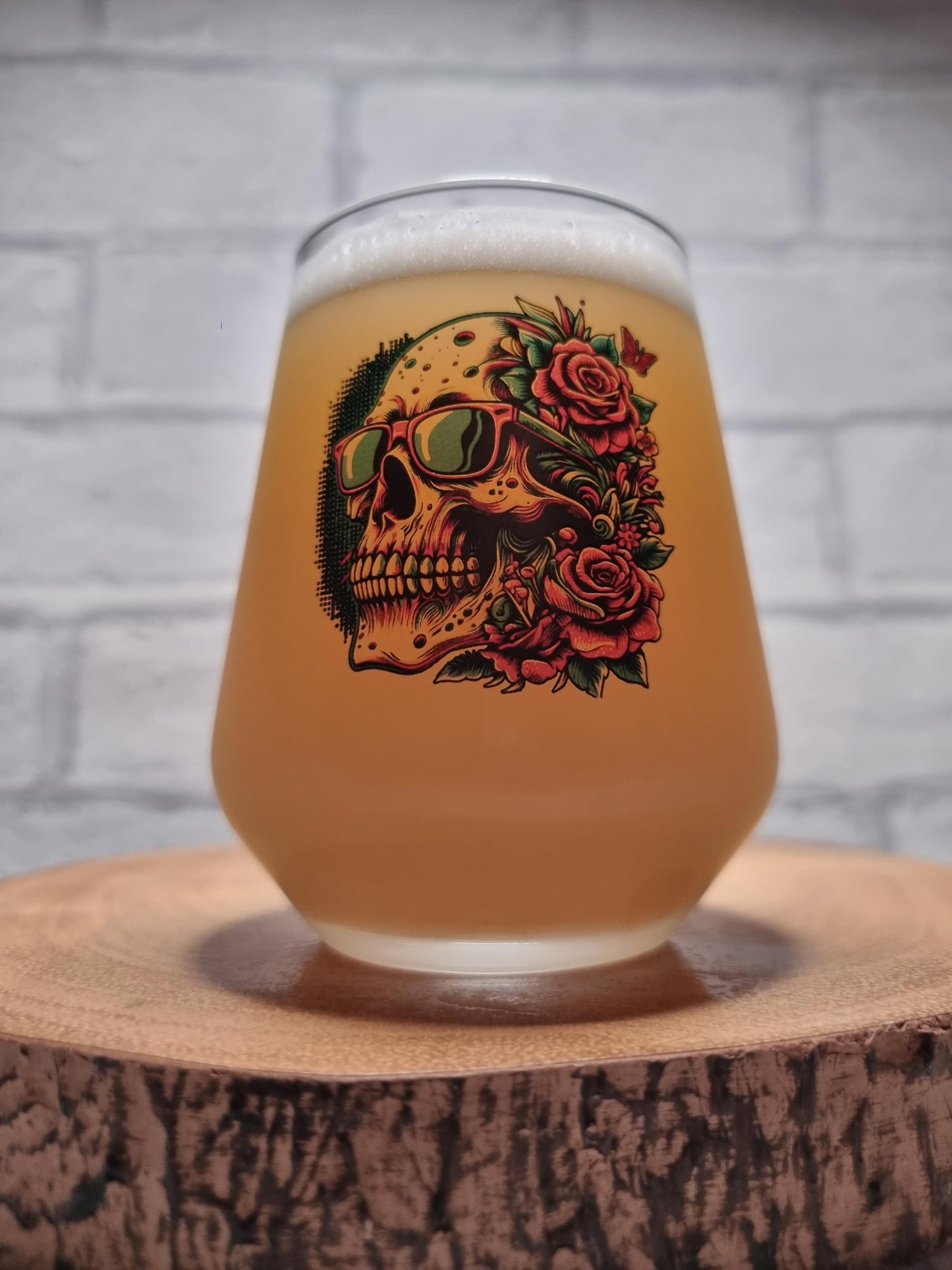 Sip in Style: Custom Beer Glass with Vibrant Skull and Roses Design