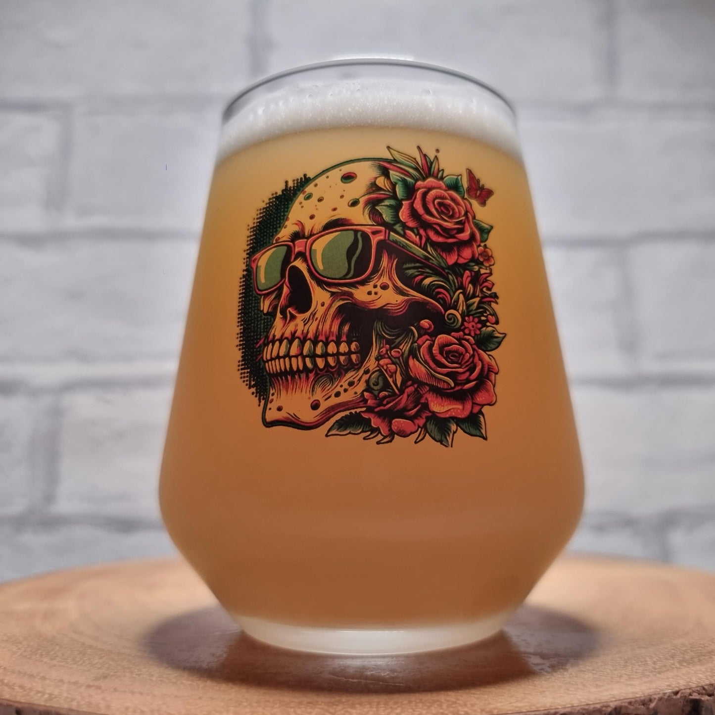 Sip in Style: Custom Beer Glass with Vibrant Skull and Roses Design