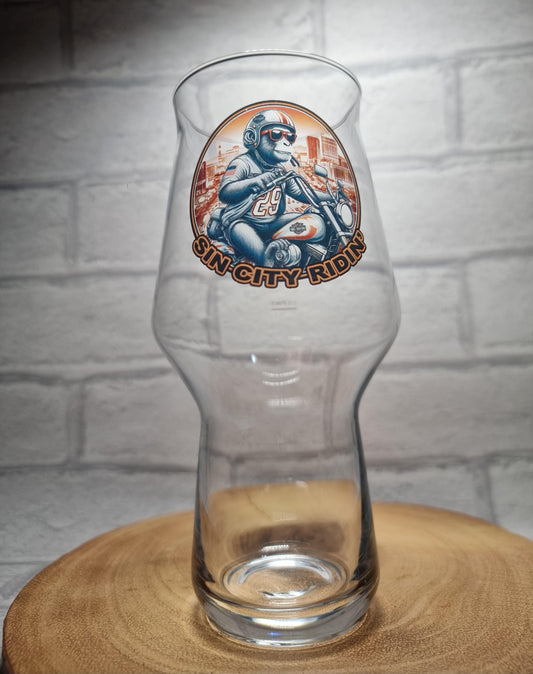 Vegas Vibes: Monkey on a Harley Brewmaster Glass - Roll the Dice on Unique Beer Enjoyment!