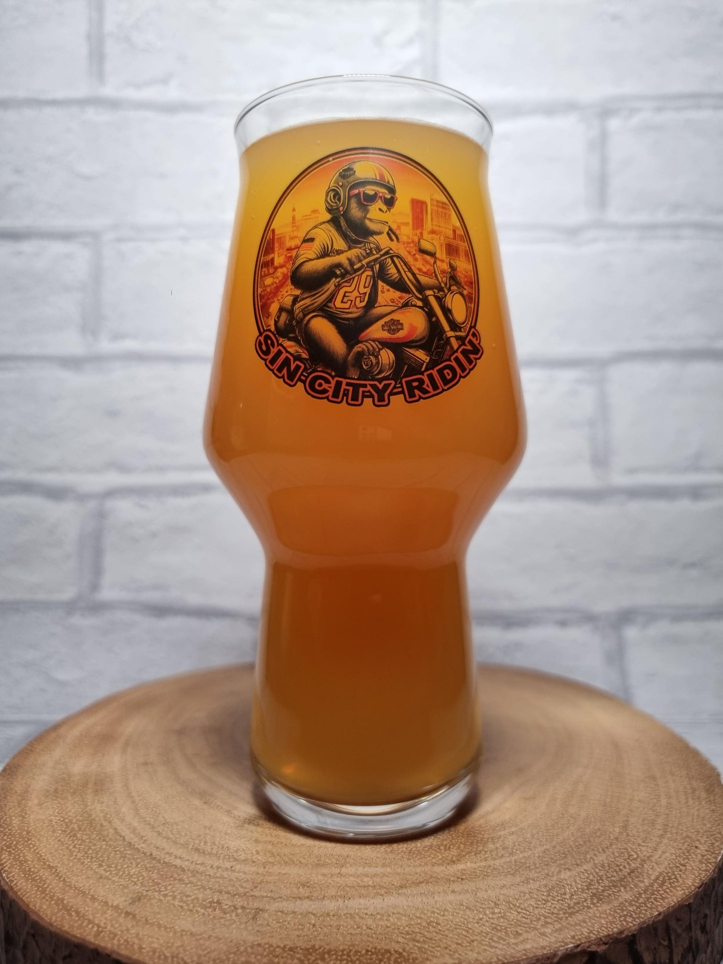 Vegas Vibes: Monkey on a Harley Brewmaster Glass - Roll the Dice on Unique Beer Enjoyment!