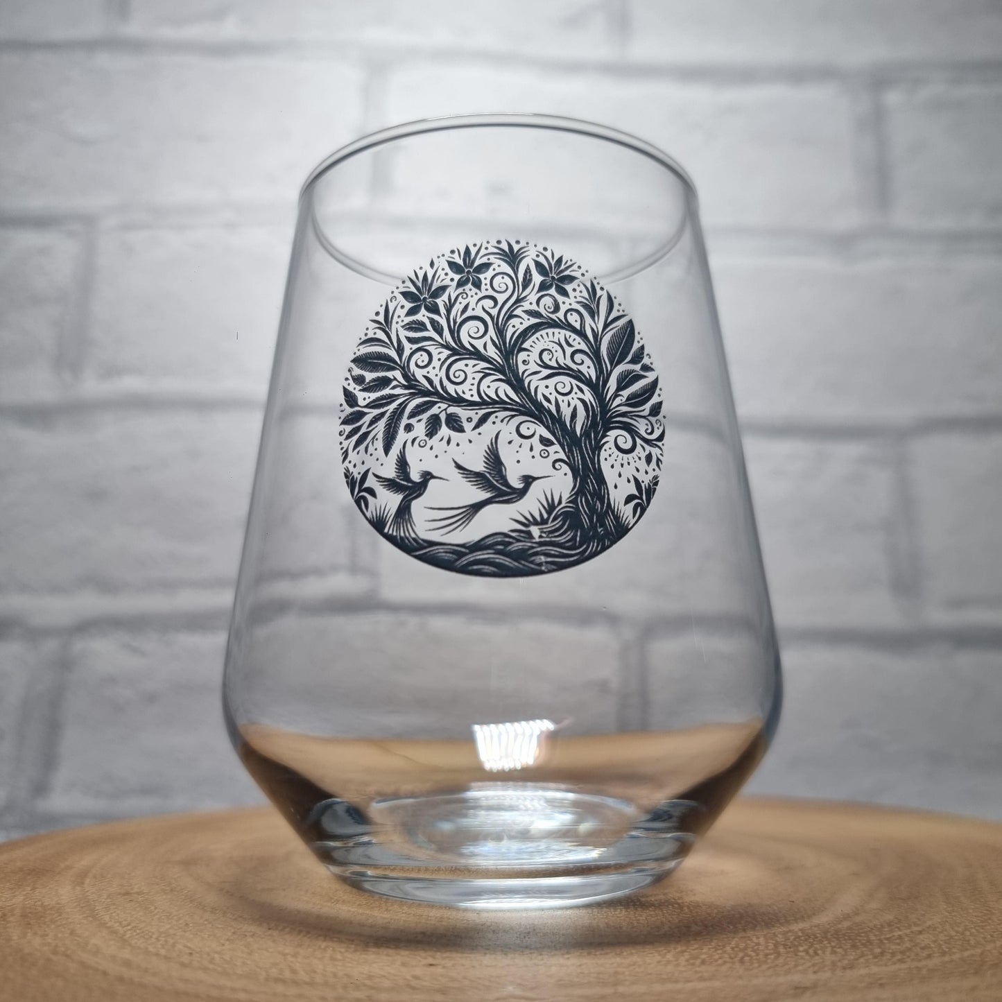 Tree of Life personalised wine glass — lifestyle shot showing full glass
