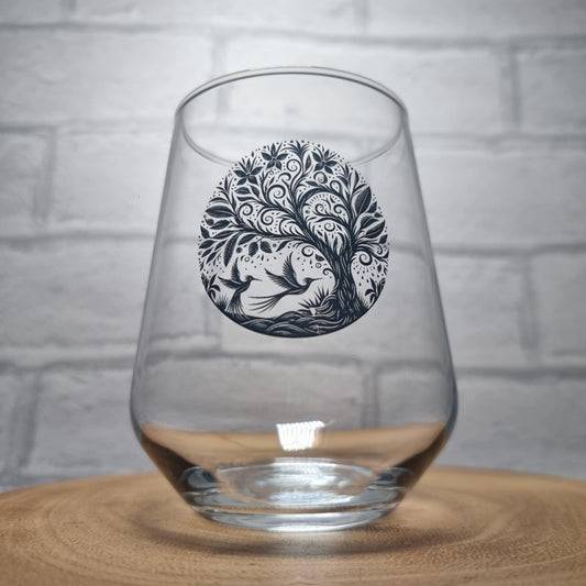 Tree of Life personalised wine glass — lifestyle shot showing full glass