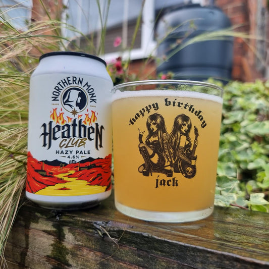 Personalised gothic mirror guitar girl glass with custom name, printed whiskey cider beer glass