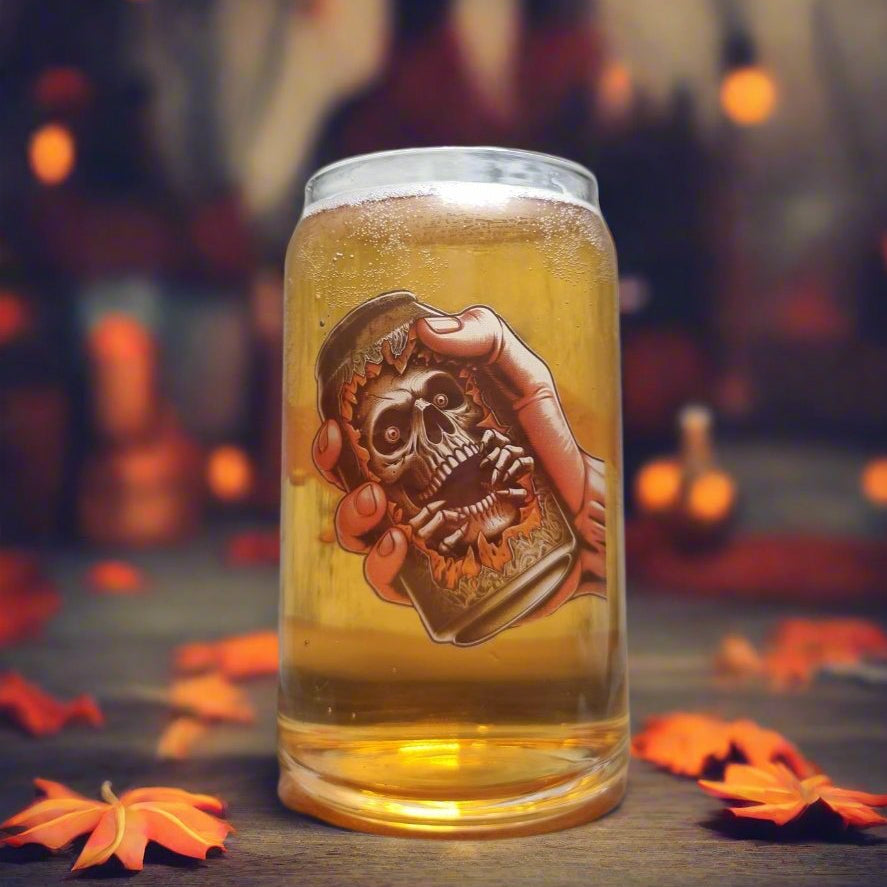 Halloween Party Can-Shaped Glass – Skull Breaking Out of Crushed Can Design