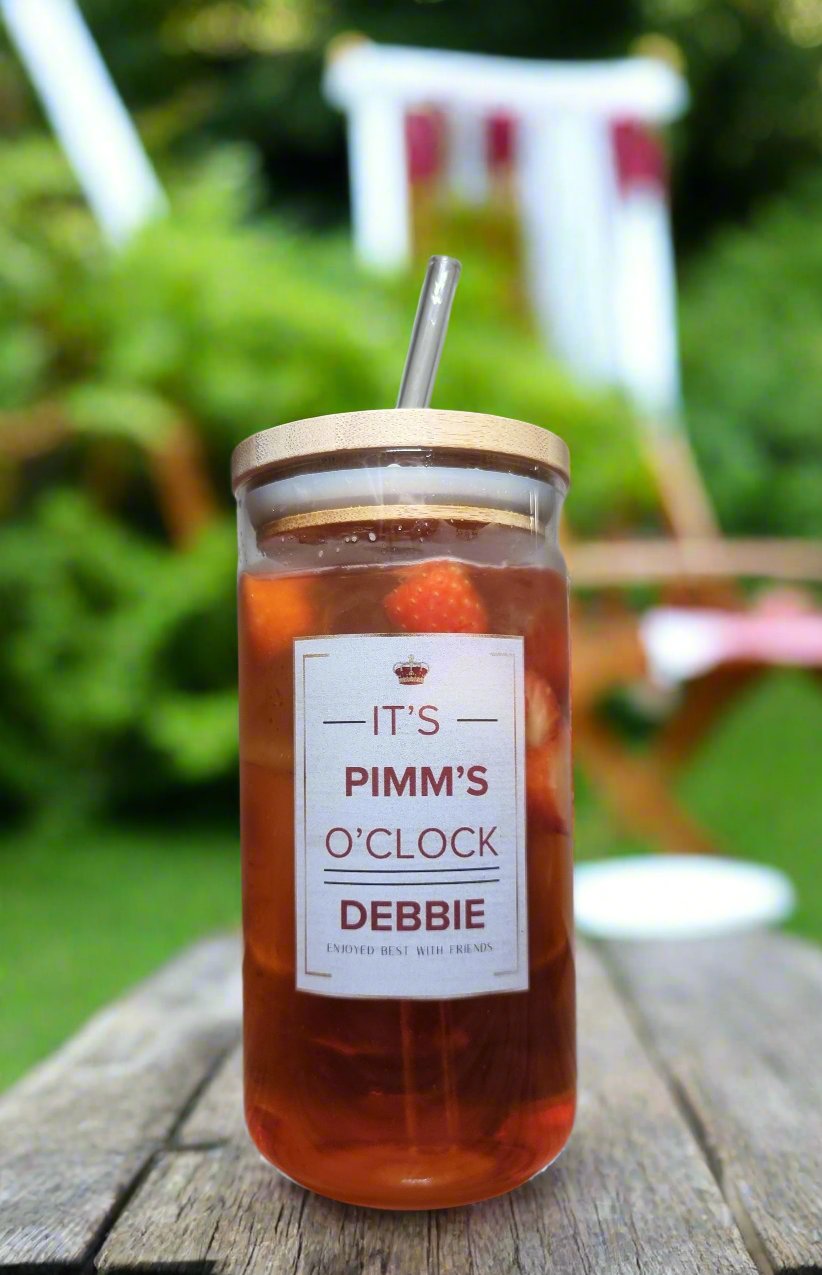 Personalised Pimms Cocktail Glass with Bamboo Lid Personalised Pimms Glass Tumbler Cup, It's Pimms O'Clock, Gift For Her Him, Birthday Gift, Stocking Filler, Secret Santa