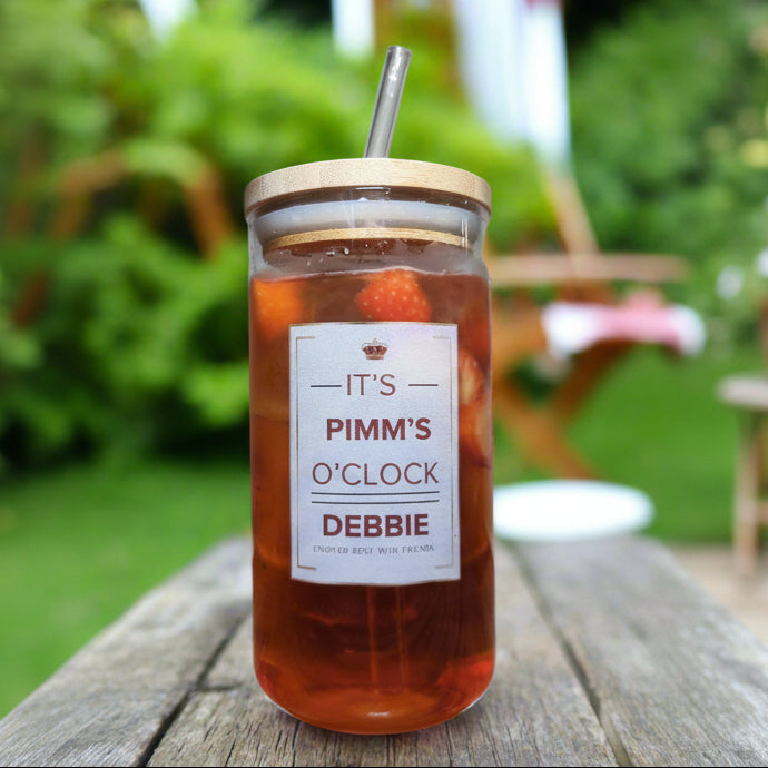Personalised Pimms Cocktail Glass with Bamboo Lid Personalised Pimms Glass Tumbler Cup, It's Pimms O'Clock, Gift For Her Him, Birthday Gift, Stocking Filler, Secret Santa