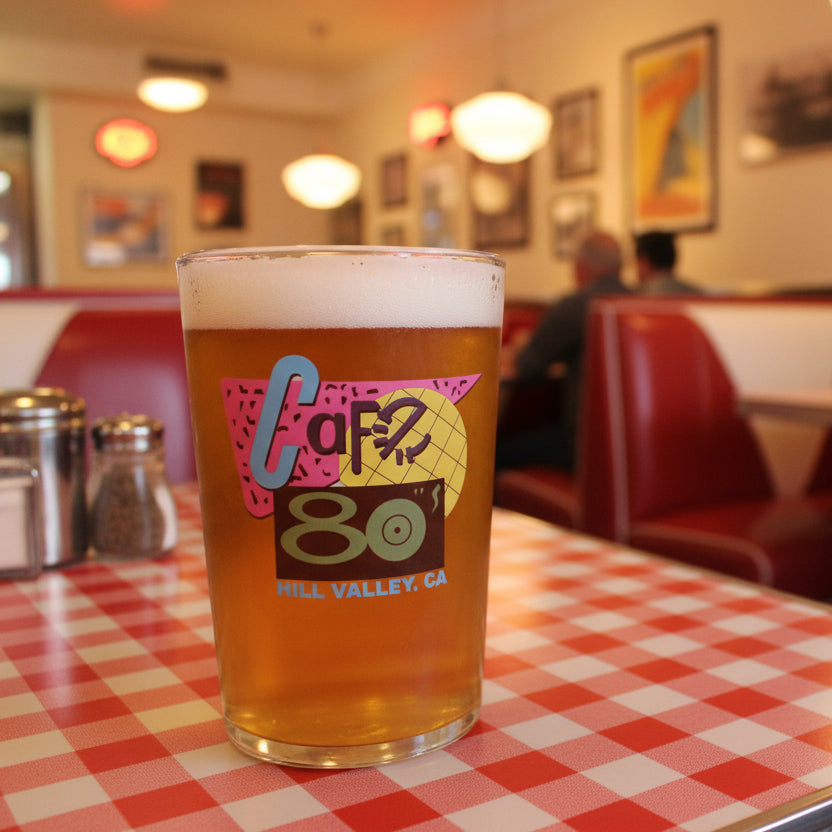 Back to the Future Cafe 80s Beer Glass – A Perfect Retro Collector’s Item for Fans