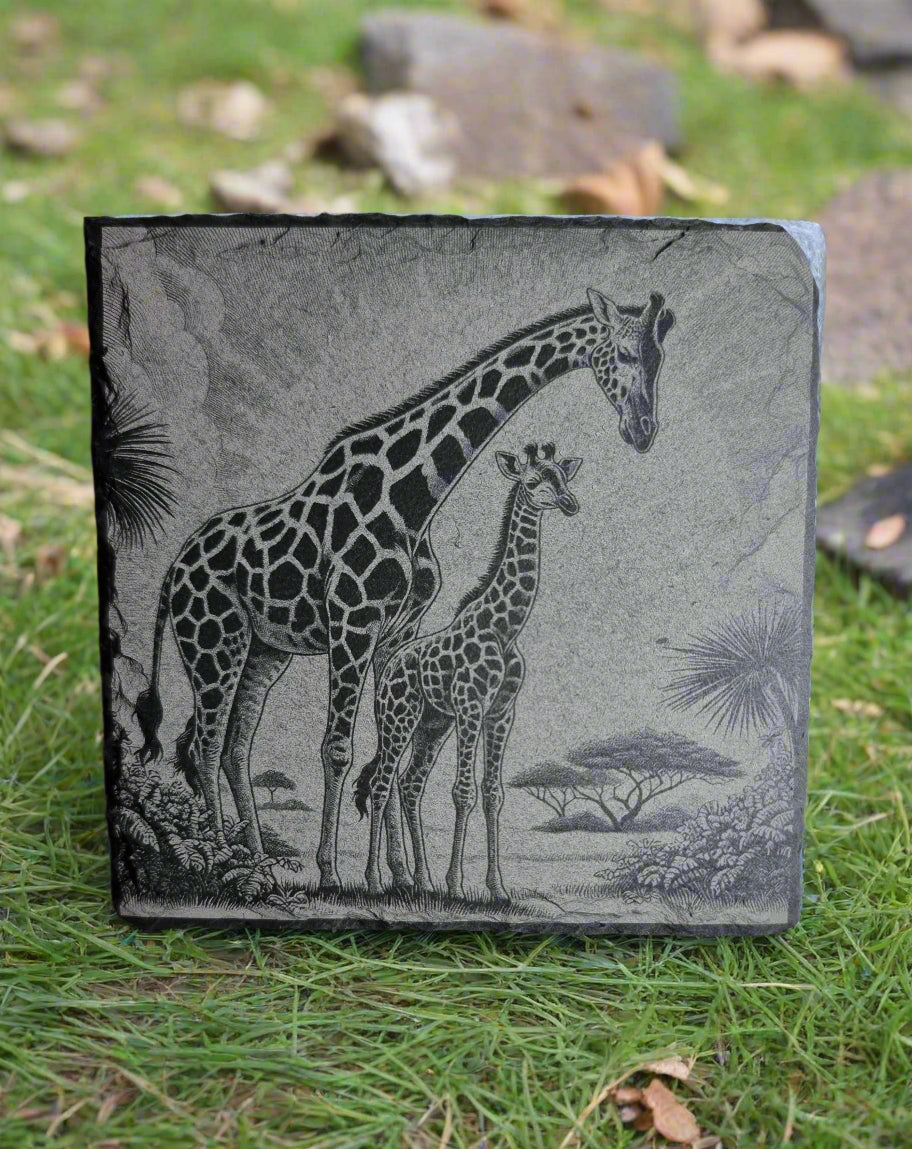 Rustic slate coaster with laser-engraved design of two giraffes in their natural African savanna habitat – handcrafted natural stone drink coaster with intricate wildlife artwork, featuring fine laser etching that captures lifelike giraffe silhouettes amid acacia trees and grassland, perfect for nature lovers, safari-themed décor, or unique animal-inspired gifts – durable with chiseled edges and protective backing