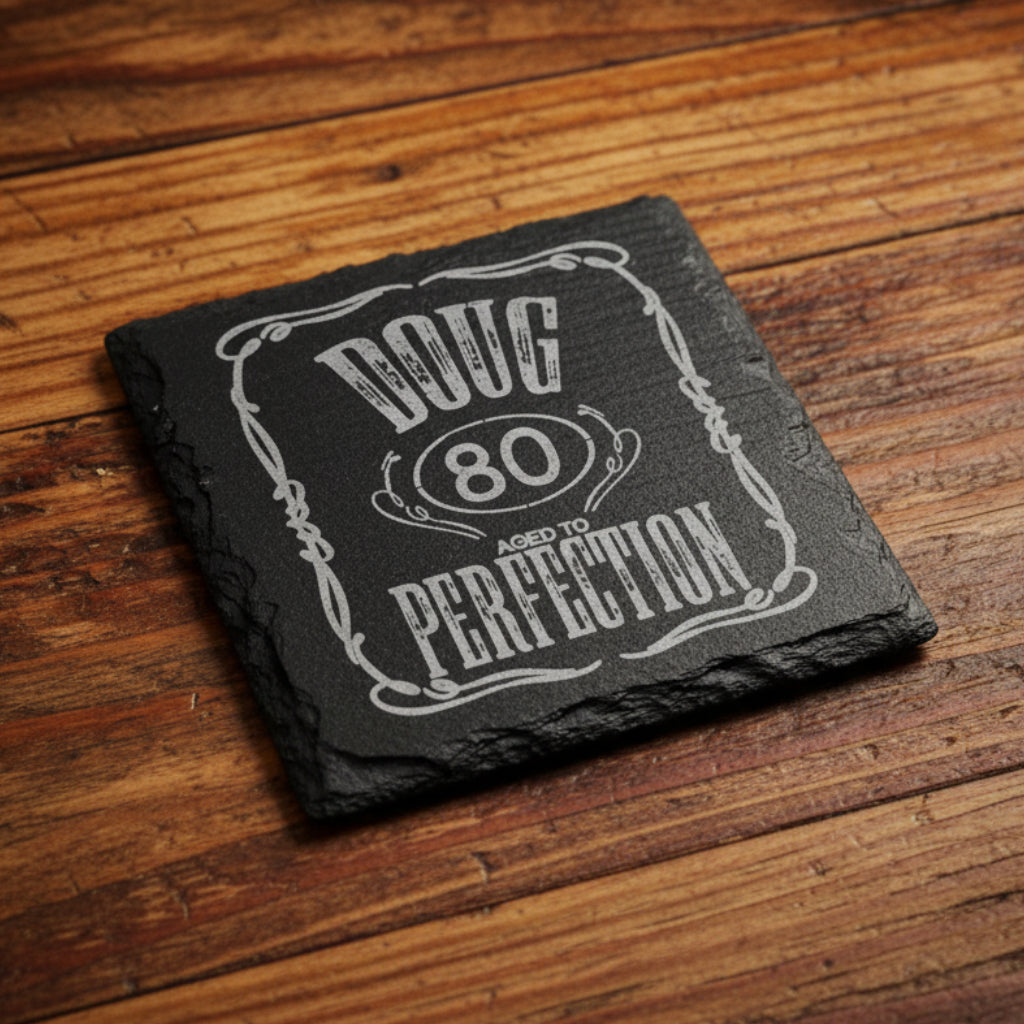 Personalised whiskey glass on home bar with optional engraved coaster add-on — 30th 40th 50th 60th birthday gift UK