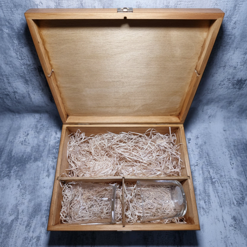 Personalised wooden gift box with two bamboo coasters and custom printed glassware featuring customer uploaded design