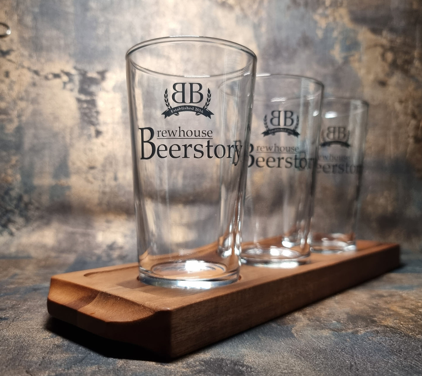 Personalised / Bespoke Half Pint Tasting Glassware with Wooden Flight Paddle Board