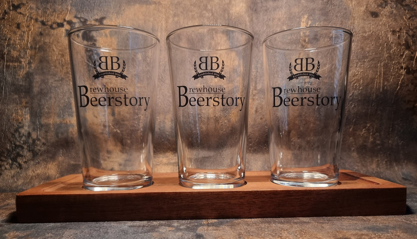 Personalised / Bespoke Half Pint Tasting Glassware with Wooden Flight Paddle Board