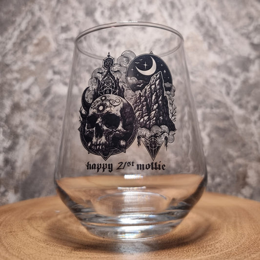 Gothic Sun & Moon Skull Glass - Personalised Birthday Gift Idea For Goth Lovers, Whiskey, Beer, Cider Glass