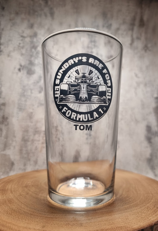 Formula Racing 1 Pint Beer Glass, Sundays Are For Formula One, Option To Personalise, Can Glass, F1, Racing, Gift Idea for Him, Her, Dad, Boyfriend