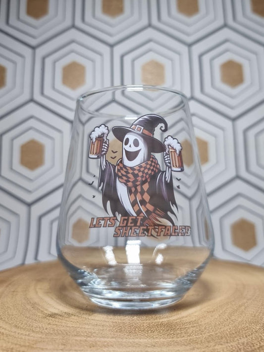 Halloween Ghost Glass – "Let’s Get Sheet Faced" Custom Printed Drinkware FirstGlassDesigns