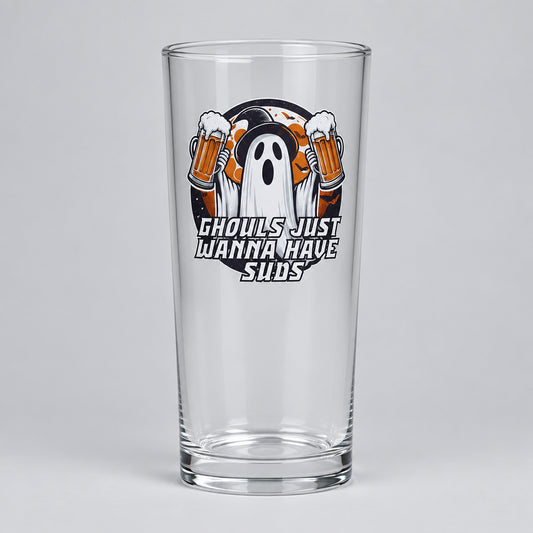Halloween Ghost Beer Glass – Custom Printed "Ghouls Just Wanna Have Suds" Design First Glass Designs