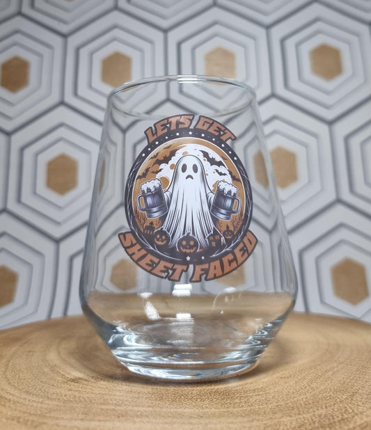 Halloween Personalised Tumbler, Halloween Party Barware, Halloween Beer Pint Glass, Ghost Glass, Autumn Gift Idea, Lets Get Sheet Faced First Glass Designs