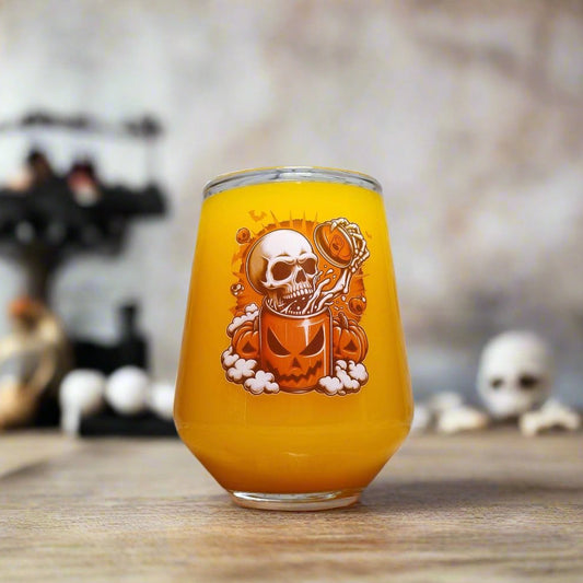 Halloween Skull Glass – Custom Printed "Skull Breaking from a Pumpkin Can" Design First Glass Designs