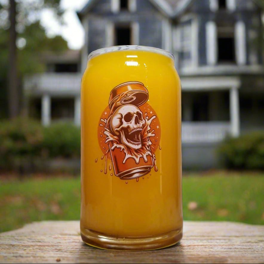 Custom Printed Halloween Glass – Skull Breaking from a Can Design – Spooky Drinkware for Halloween Parties & Beer Lovers
