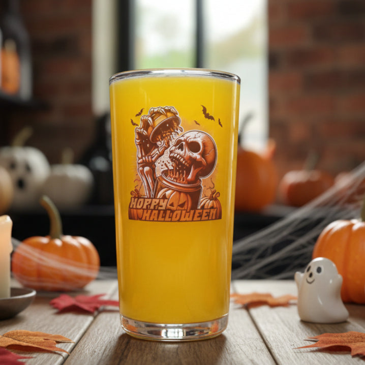 Hoppy Halloween Skull Glass – Custom Printed "Skull Breaking from a Can" Design