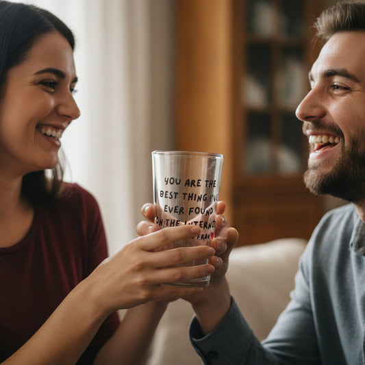 Personalised "best thing I've ever found on the internet" pint glass with custom name — funny couples gift by First Glass Designs UK