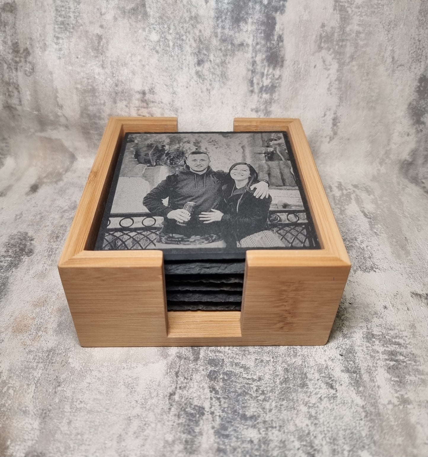 Personalised Photo Slate Coasters - Pack of Six with Wooden Holder - Custom Coaster - Gift For Him or Her - Home Bar - Housewarming Gift - Birthday, Anniversary Gift