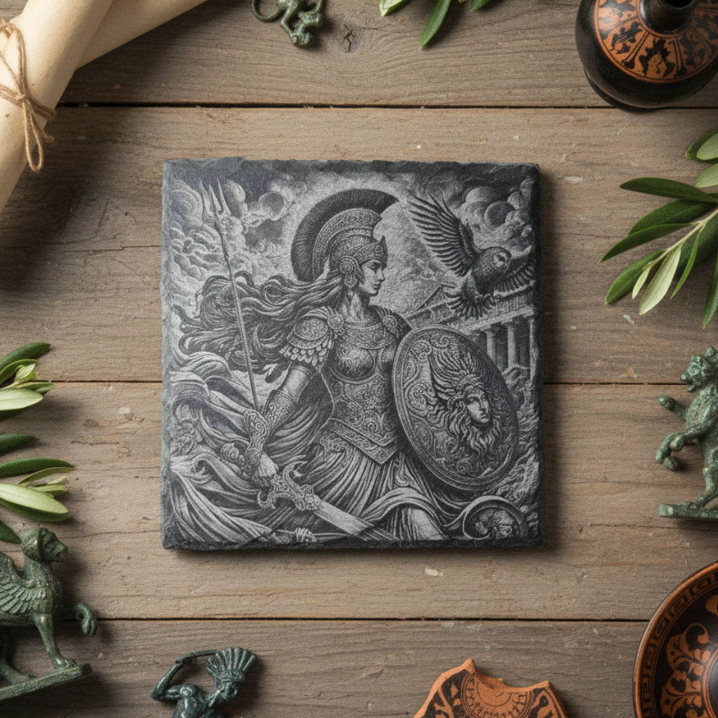 Personalised slate or bamboo coaster engraved with a detailed illustration of Athena, the Greek goddess of wisdom and warfare, featuring her helmet, spear, and shield, natural wood or stone texture, perfect for mythology enthusiasts or as an elegant, themed gift.