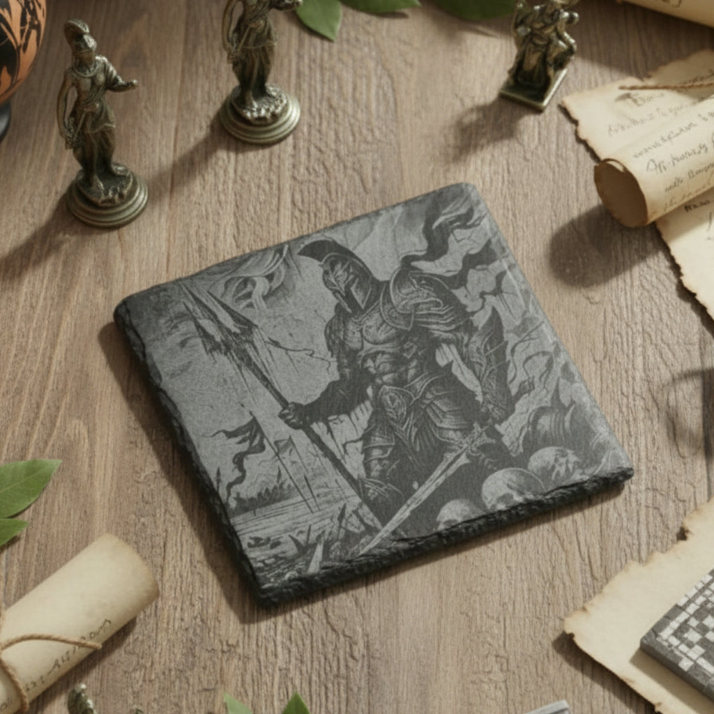 Personalised slate or bamboo coaster engraved with a detailed illustration of Ares, the Greek god of war, featuring his armor, helmet, and weapon, natural wood or stone texture, perfect for mythology enthusiasts or as a bold, warrior-themed gift.