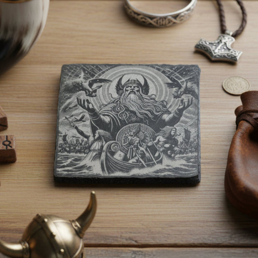 Personalised slate or bamboo coaster engraved with a detailed illustration of Odin, the Norse god, featuring his iconic one-eyed visage, flowing beard, and symbolic elements like ravens or spear, natural wood or stone texture, perfect for mythology enthusiasts or as a striking, themed gift.