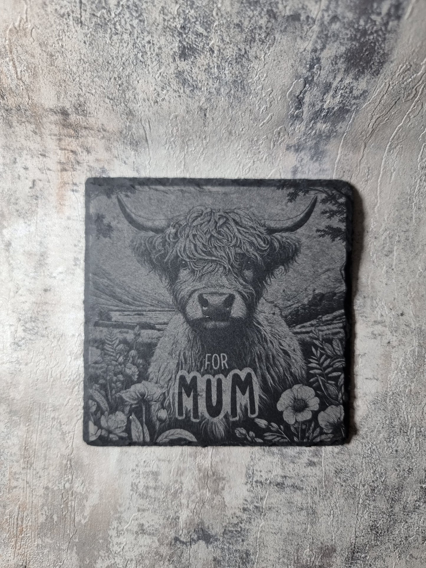 Highland Cow Engraved Slate / Bamboo Coaster - Gift for Mum Animal Lover FirstGlassDesigns