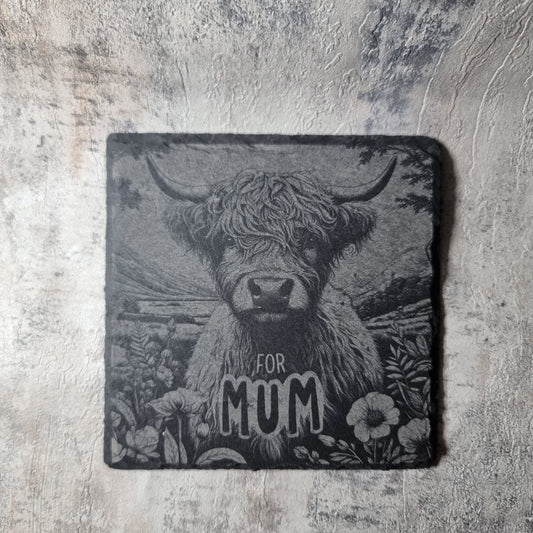 Highland Cow Engraved Slate / Bamboo Coaster - Gift for Mum Animal Lover First Glass Designs