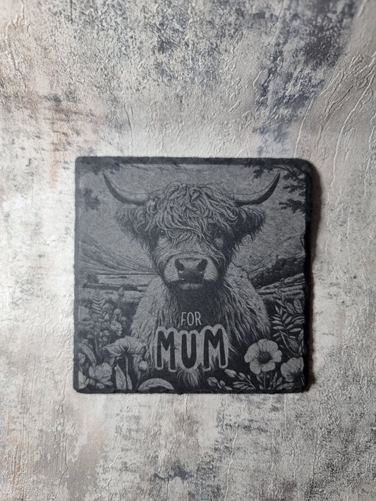 Highland Cow Engraved Slate / Bamboo Coaster - Gift for Mum Animal Lover FirstGlassDesigns