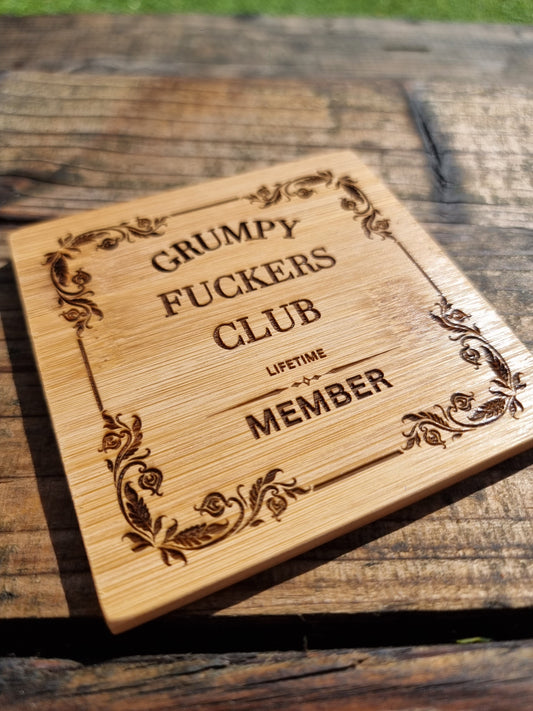 Grumpy F**kers Club Bamboo Drinks Coaster – Funny Rude Birthday Gift for Him | Sarcastic Gift for Beer Lovers | Novelty Gift for Grumpy Men FirstGlassDesigns