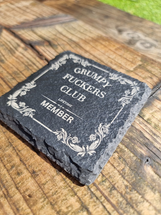 Grumpy F**kers Club Slate Coaster – Laser Engraved Drink Coaster with Floral Border – Funny Gift for Grumpy People, Sarcastic Decor for Home or Office