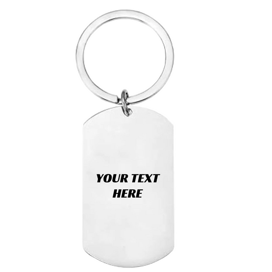 Blank white dog tag keychain with 'Your Text Here' text on a white background