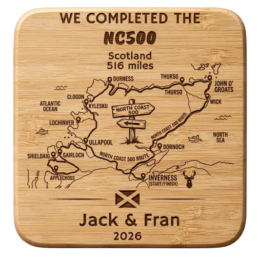 Personalised NC500 laser engraved bamboo coaster showing detailed North Coast 500 route map design with custom name and year