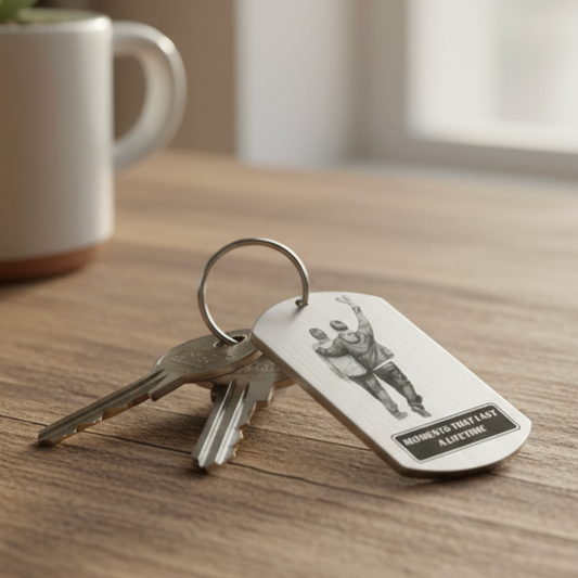 Personalised engraved britpop stainless steel dog tag keyring showing two brothers walking, with the text "Moments That Last A Lifetime", on a set of keys