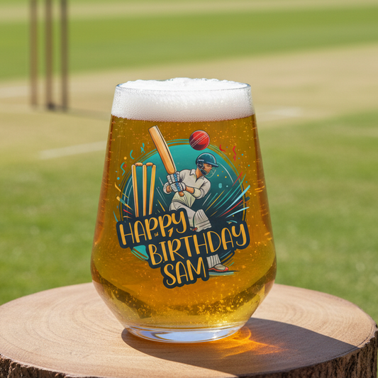 Cricket Gift For Men - Personalised Beer Tumbler Glass, Birthday cricket gift for men Dad Boyfriend FirstGlassDesigns