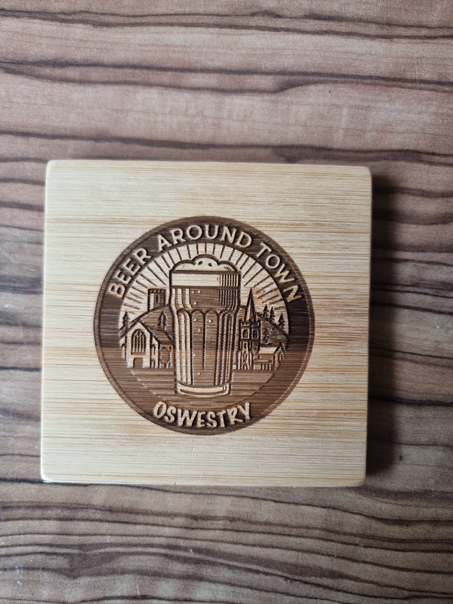 Custom bamboo coaster engraved with user’s uploaded photo or design