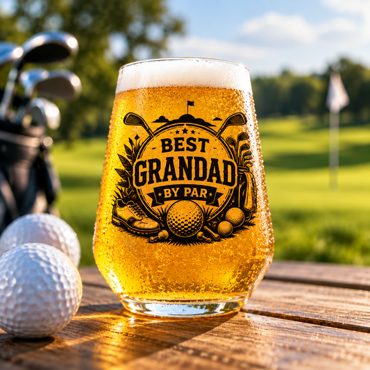 Custom printed golf glass featuring a Best Dad or Grandad design with golfing equipment artwork