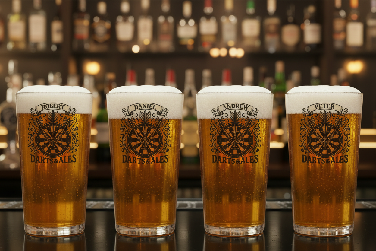 beer glass with ' Darts & Ales' design and personalised name