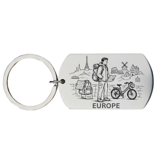 Europe backpacker keyring laser engraved stainless steel dog tag
with male backpacker aerial European city scene Eiffel Tower bicycle and map on white background