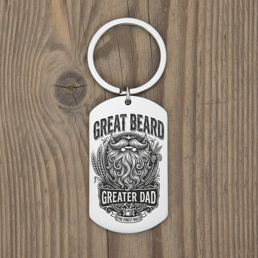 Great Beard Greater Dad personalised stainless steel dog tag keyring showing vintage beard illustration on front, ideal Father's Day gift for bearded dads