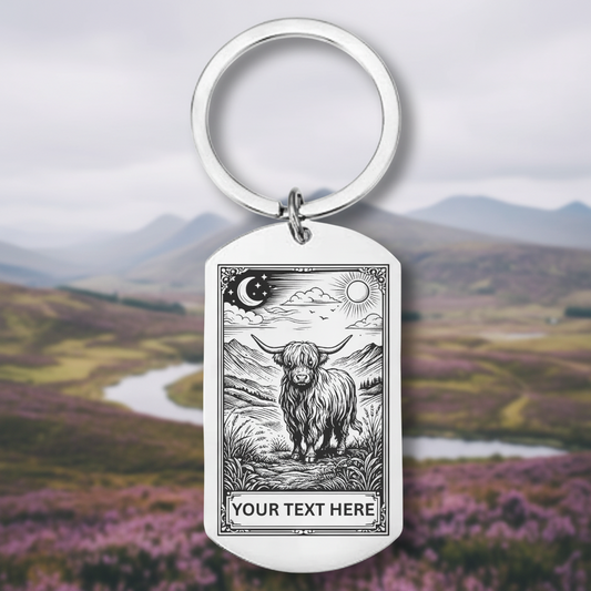Personalised Highland cow keychain tarot mystic design with custom text – Scottish cattle under moon and sun