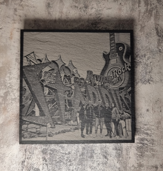 Custom slate coaster featuring your uploaded photo, engraved in high detail on natural stone, ideal as a personalised gift or keepsake.