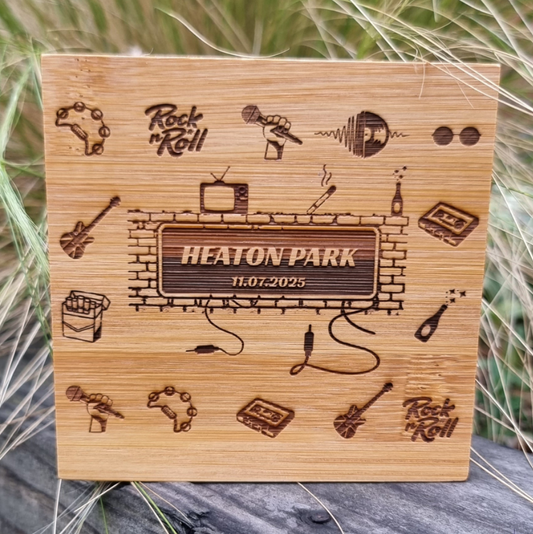 Personalised bamboo coaster laser engraved with Oasis-themed design featuring Union Jack guitar, champagne, and cassette – eco-friendly concert gift for music fans