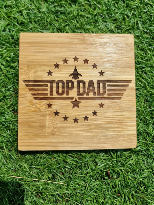 Laser-engraved bamboo coaster with “Top Dad” design – eco-friendly drink coaster gift for Father’s Day or birthday, perfect match to pint beer glass