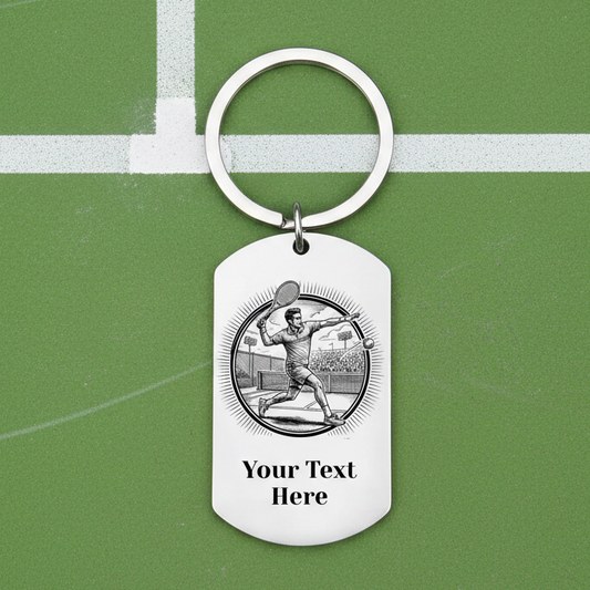 Personalised tennis keyring with laser engraved male tennis player design